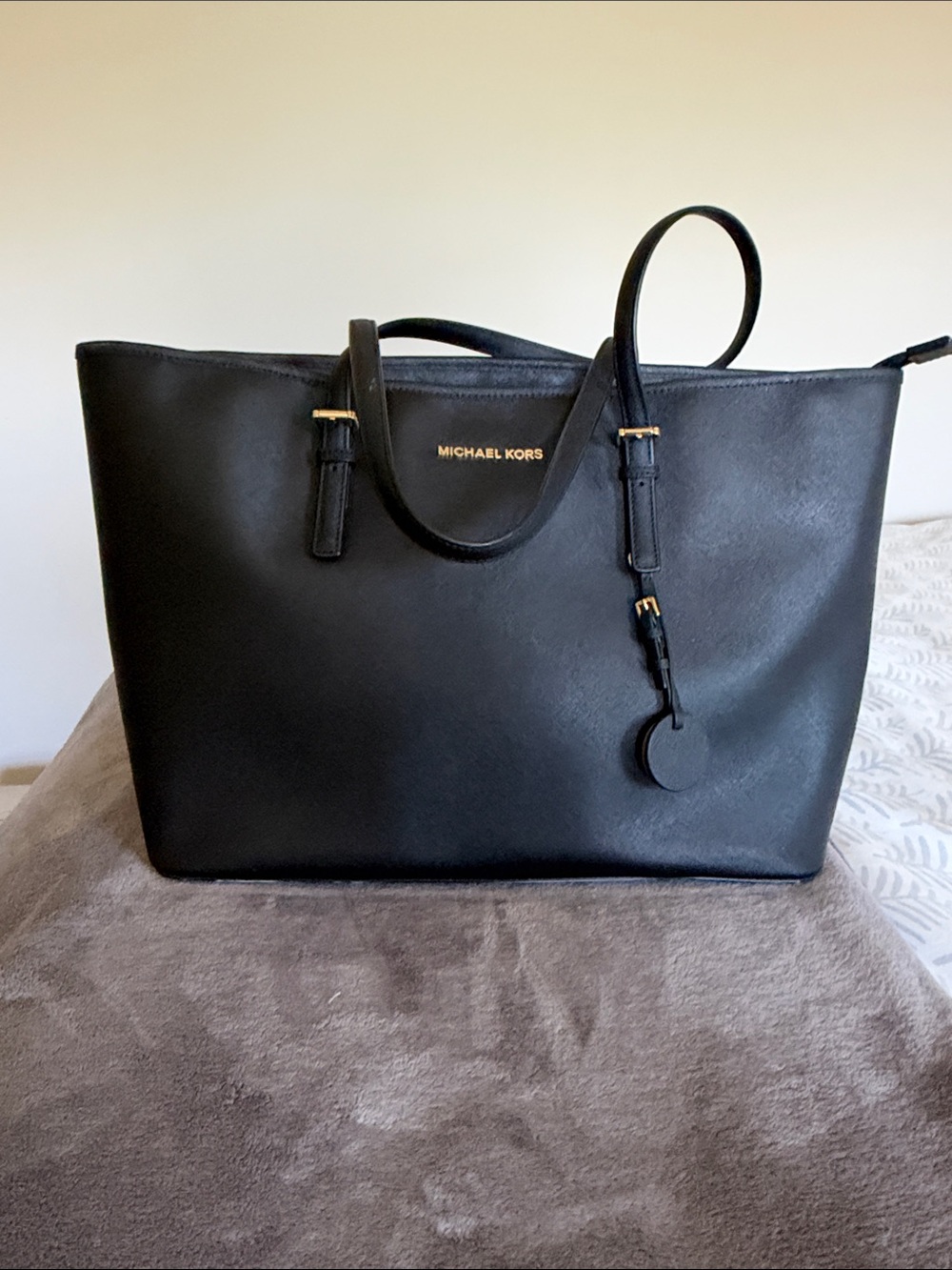 Michael Kors Black Leather Tote with Gold Hardware